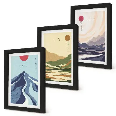 Set van ingelijste schilderijen met bergen in pastelkleuren in Japandi-stijl