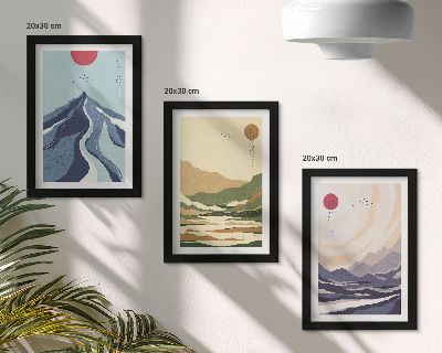Set van ingelijste schilderijen Bergen in pastelkleuren, in Japandi-stijl.