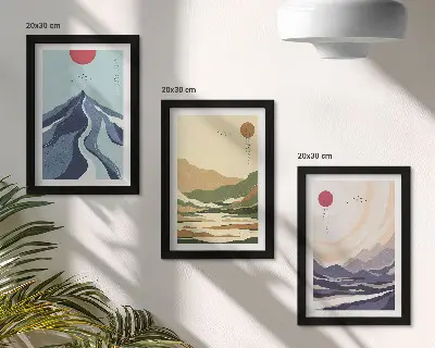 Set van ingelijste schilderijen met bergen in pastelkleuren in Japandi-stijl