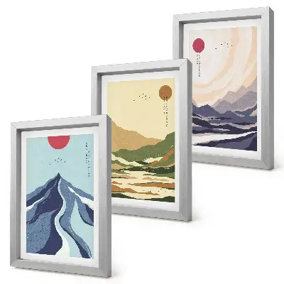 Set van ingelijste schilderijen met bergen in pastelkleuren in Japandi-stijl