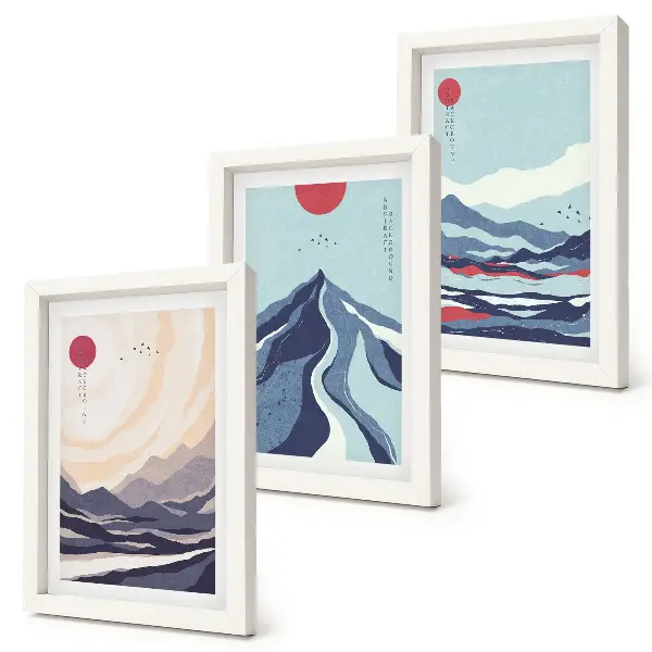 Set van ingelijste schilderijen met abstracte berglandschappen in Japanse stijl