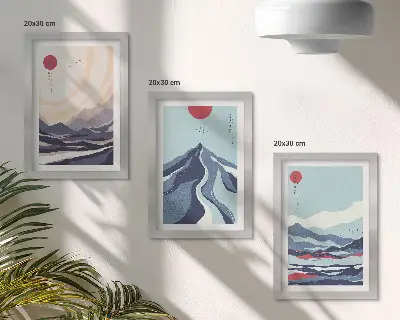 Set van ingelijste schilderijen met abstracte berglandschappen in Japanse stijl