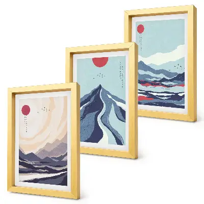 Set van ingelijste schilderijen met abstracte berglandschappen in Japanse stijl