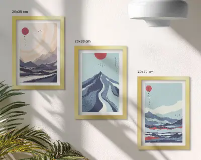 Set van ingelijste schilderijen met abstracte berglandschappen in Japanse stijl