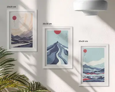Set van ingelijste schilderijen met abstracte berglandschappen in Japanse stijl