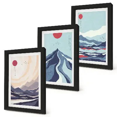 Set van ingelijste schilderijen met abstracte berglandschappen in Japanse stijl