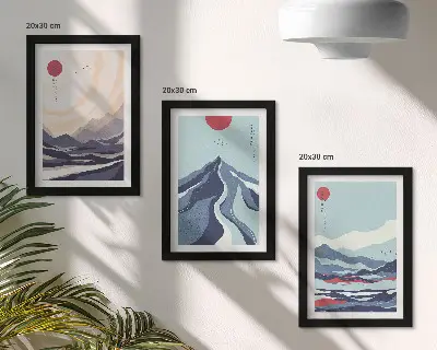 Set van ingelijste schilderijen met abstracte berglandschappen in Japanse stijl