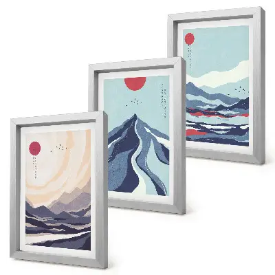 Set van ingelijste schilderijen met abstracte berglandschappen in Japanse stijl