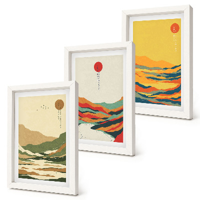 Gallery wall Kleurrijke patronen van bergen en rivieren in Japandi-stijl.