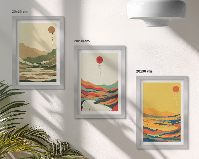 Gallery wall Kleurrijke patronen van bergen en rivieren in Japandi-stijl.