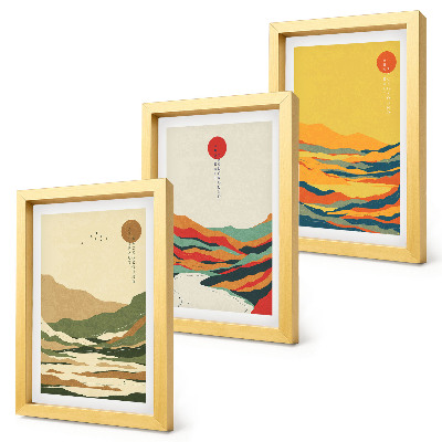 Gallery wall Kleurrijke patronen van bergen en rivieren in Japandi-stijl.