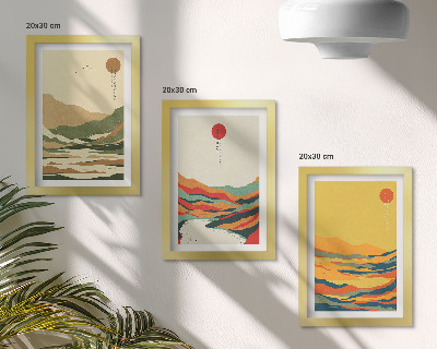 Gallery wall Kleurrijke patronen van bergen en rivieren in Japandi-stijl.