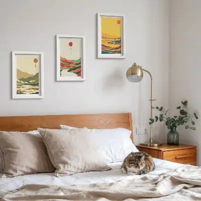 Gallery wall met kleurrijke patronen van bergen en rivieren in Japandi-stijl