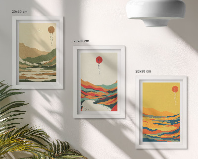 Gallery wall Kleurrijke patronen van bergen en rivieren in Japandi-stijl.