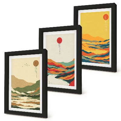Gallery wall Kleurrijke patronen van bergen en rivieren in Japandi-stijl.