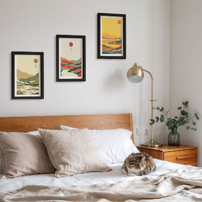 Gallery wall Kleurrijke patronen van bergen en rivieren in Japandi-stijl.
