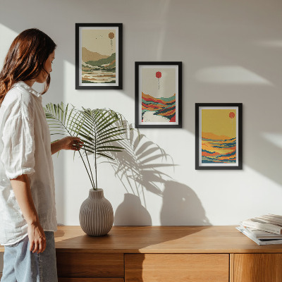 Gallery wall Kleurrijke patronen van bergen en rivieren in Japandi-stijl.