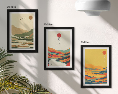 Gallery wall Kleurrijke patronen van bergen en rivieren in Japandi-stijl.