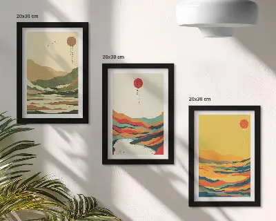 Gallery wall met kleurrijke patronen van bergen en rivieren in Japandi-stijl