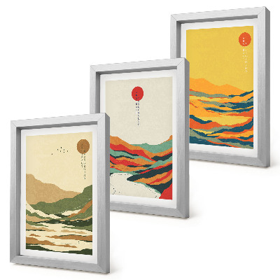 Gallery wall Kleurrijke patronen van bergen en rivieren in Japandi-stijl.