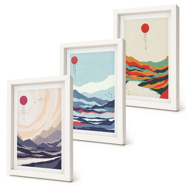 Set van ingelijste schilderijen Abstracte Japanse berglandschappen