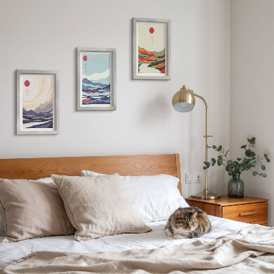 Set van ingelijste schilderijen Abstracte Japanse berglandschappen