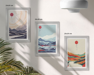Set van ingelijste schilderijen Abstracte Japanse berglandschappen