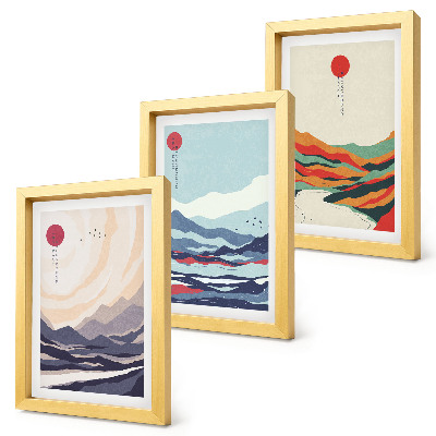 Set van ingelijste schilderijen Abstracte Japanse berglandschappen