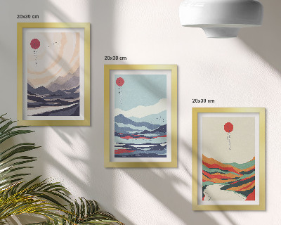 Set van ingelijste schilderijen Abstracte Japanse berglandschappen