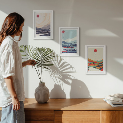 Set van ingelijste schilderijen Abstracte Japanse berglandschappen