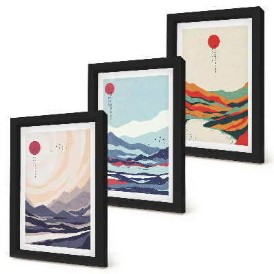 Set van ingelijste schilderijen Abstracte Japanse berglandschappen