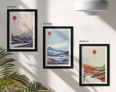 Set van ingelijste schilderijen Abstracte Japanse berglandschappen