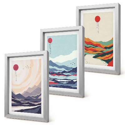 Set van ingelijste schilderijen Abstracte Japanse berglandschappen