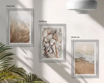 Gallery wall met strandmotieven van schelpen en zeegolven