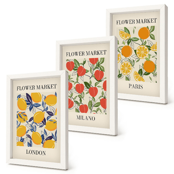 Set van ingelijste schilderijen Bloemenposters in Londen, Milaan en Parijs
