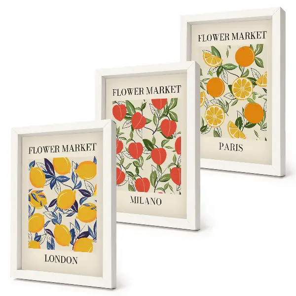 Set van ingelijste schilderijen met bloemenposters in Londen, Milaan en Parijs