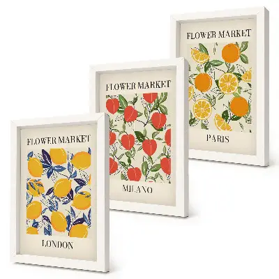 Set van ingelijste schilderijen met bloemenposters in Londen, Milaan en Parijs