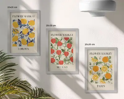 Set van ingelijste schilderijen met bloemenposters in Londen, Milaan en Parijs