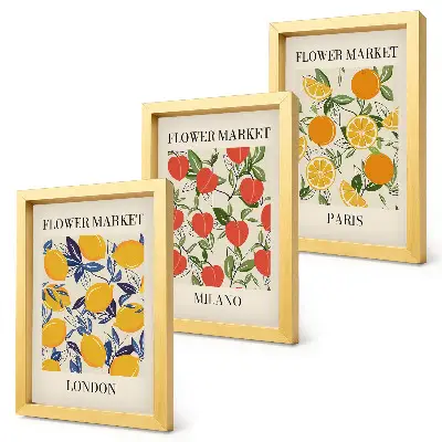 Set van ingelijste schilderijen met bloemenposters in Londen, Milaan en Parijs