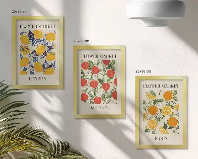 Set van ingelijste schilderijen met bloemenposters in Londen, Milaan en Parijs