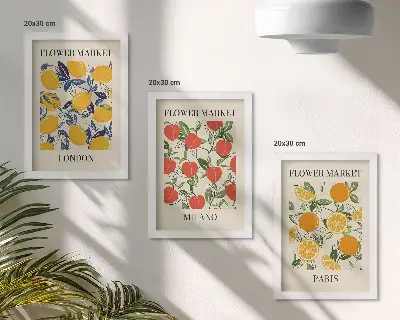 Set van ingelijste schilderijen met bloemenposters in Londen, Milaan en Parijs