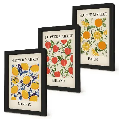 Set van ingelijste schilderijen met bloemenposters in Londen, Milaan en Parijs