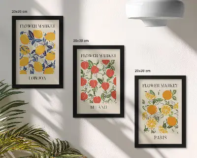 Set van ingelijste schilderijen met bloemenposters in Londen, Milaan en Parijs