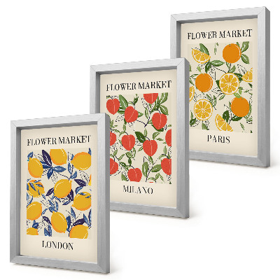 Set van ingelijste schilderijen Bloemenposters in Londen, Milaan en Parijs