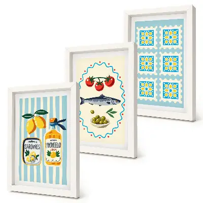 Gallery wall met illustraties van mediterrane keukens