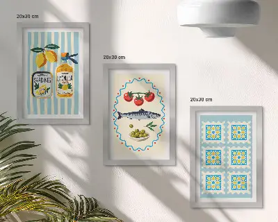 Gallery wall met illustraties van mediterrane keukens