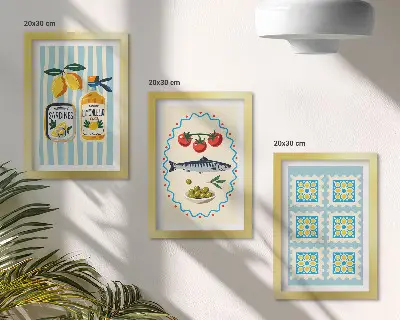 Gallery wall met illustraties van mediterrane keukens