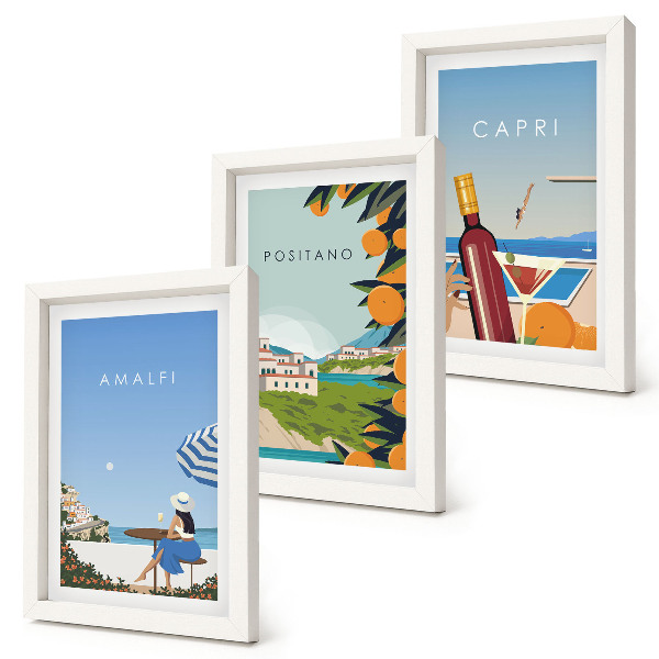 Set van ingelijste schilderijen Vakantieuitzichten op Amalfi, Positano en Capri