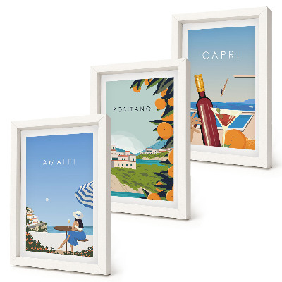 Set van ingelijste schilderijen Vakantieuitzichten op Amalfi, Positano en Capri