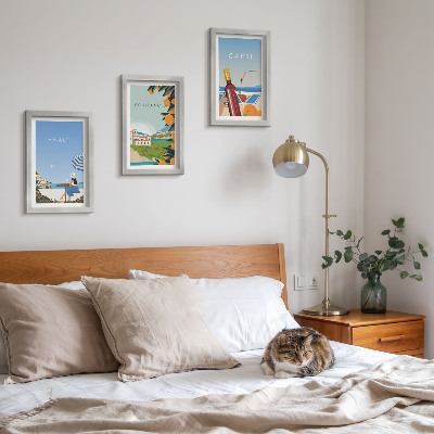 Set van ingelijste schilderijen Vakantieuitzichten op Amalfi, Positano en Capri